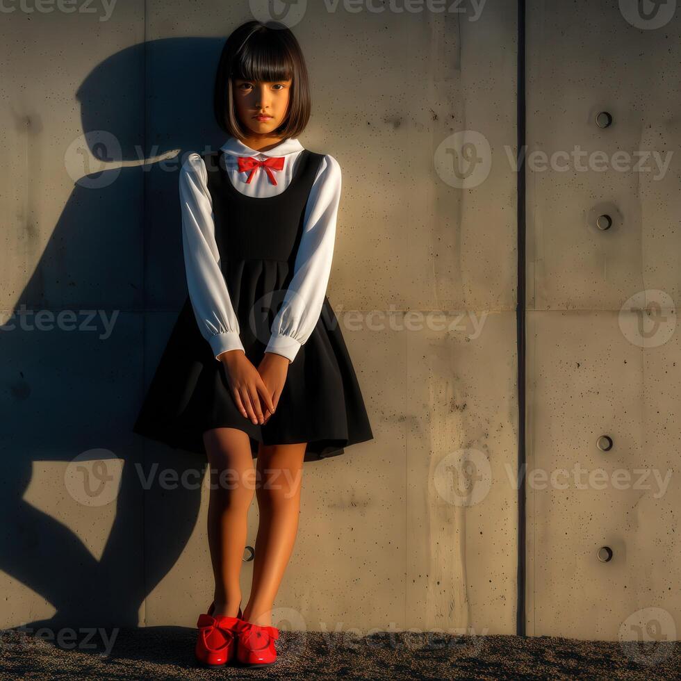 Young girl in a black dress stands against a textured wall photo