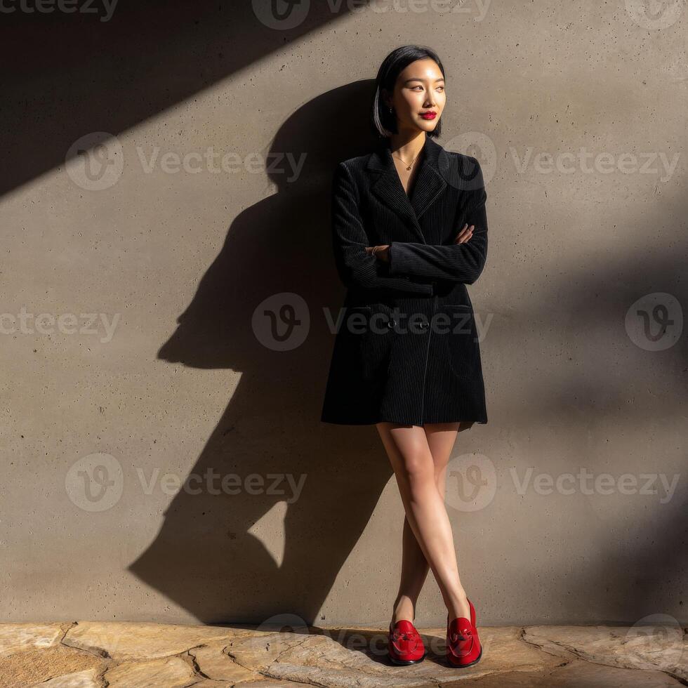 Embracing sunlight while posing against a textured wall photo