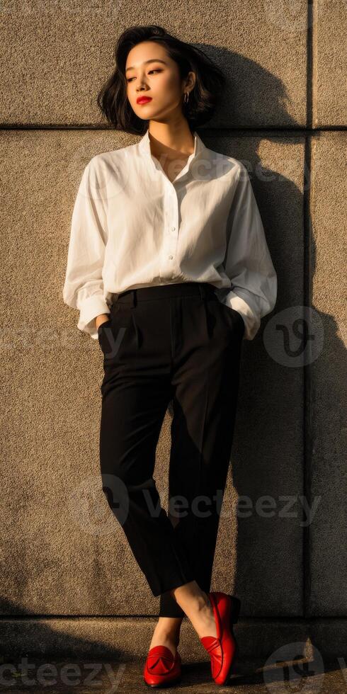 Elegant individual poses against a sunlit concrete wall photo
