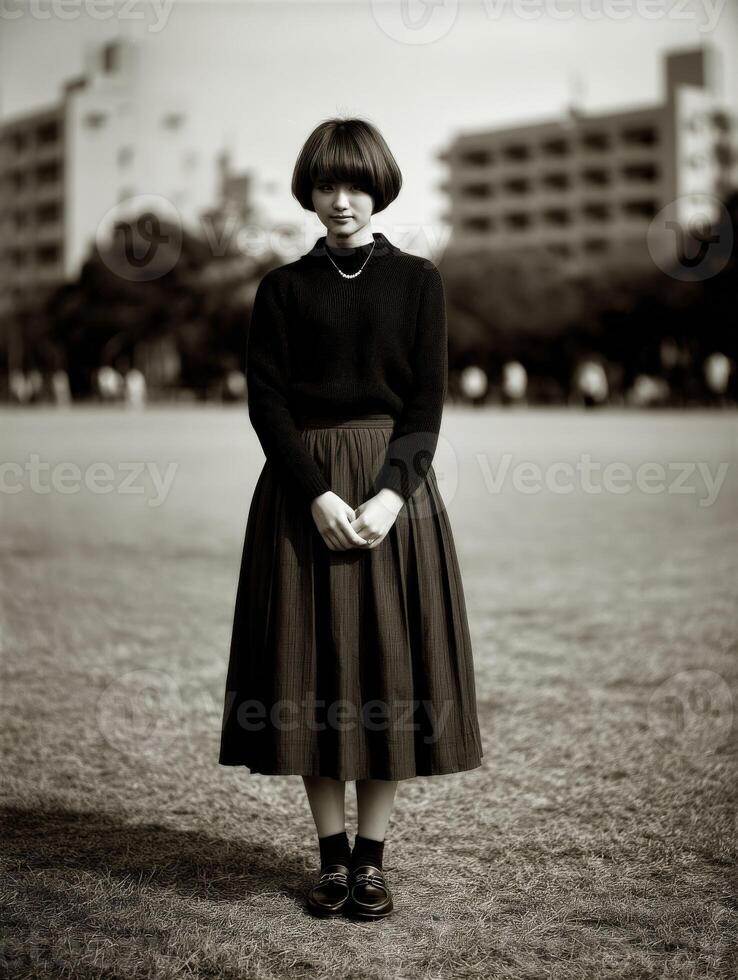Young woman in a black outfit standing in a park at daytime photo