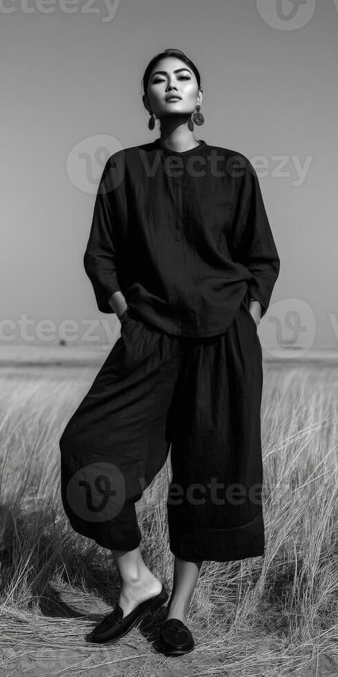 Elegant model poses in a black outfit against a grassy landscape photo