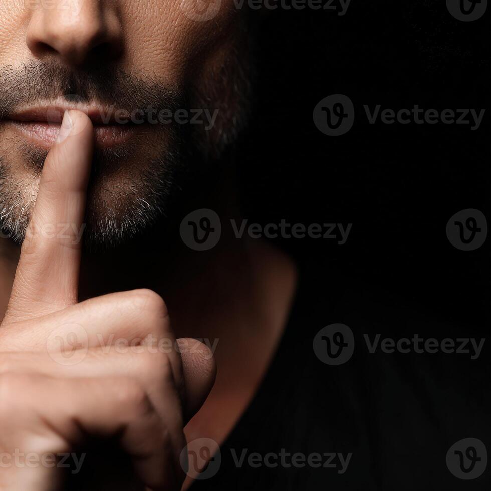 Man gestures for silence with a finger on his lips photo