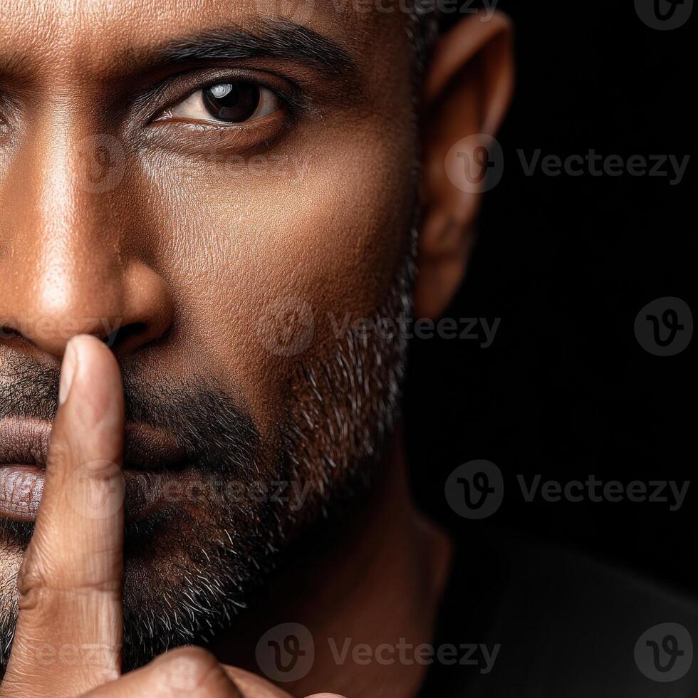 Man with finger on lips signaling silence in dark setting photo