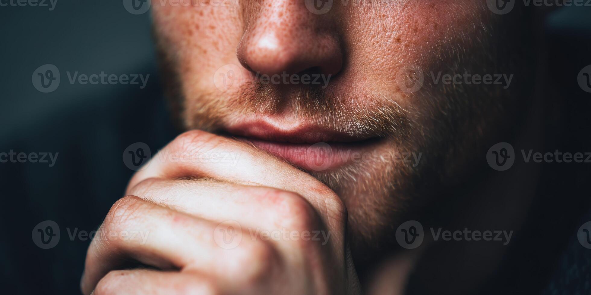 Close-up of thoughtful man resting chin on hand in soft lighting photo