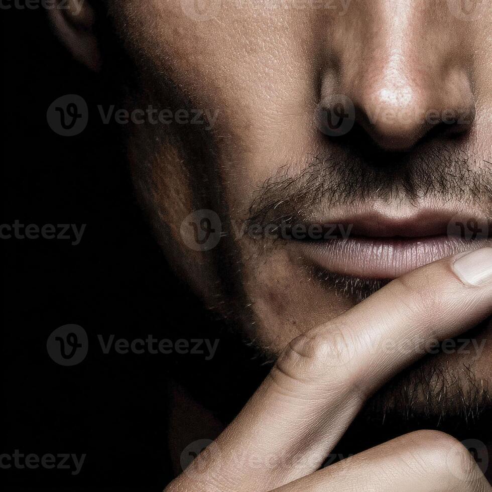 Close-up of a man pondering in deep thought against a dark background photo