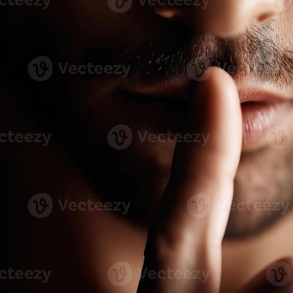 Person signaling silence with finger on lips in low light photo