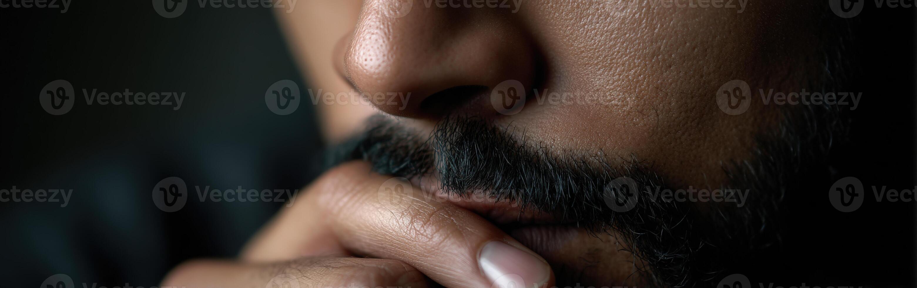 Contemplation of a man with a beard in a dimly lit space photo