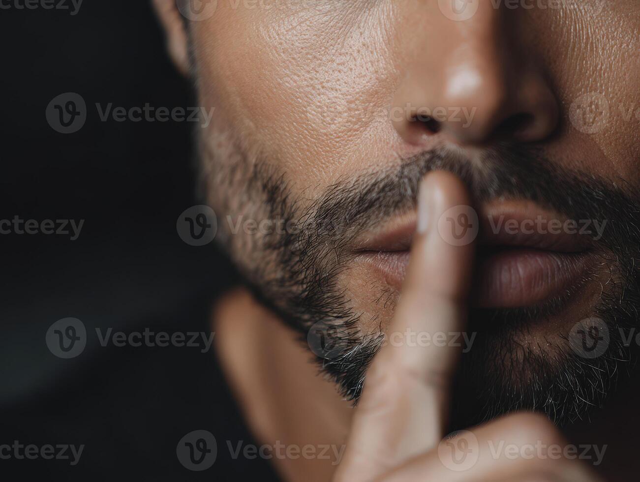 Man signaling silence with finger on lips in close-up view photo
