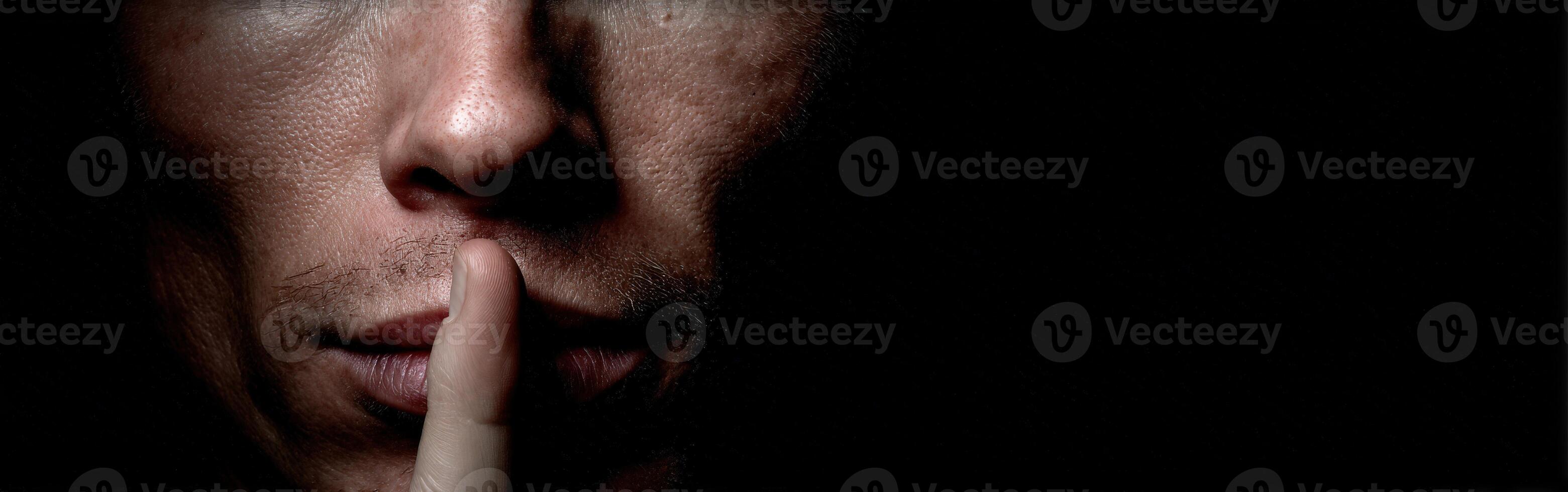 Man with finger to lips signaling for silence in dim lighting photo