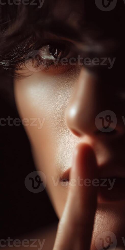 Close-up of a person with a silent gesture in soft lighting photo