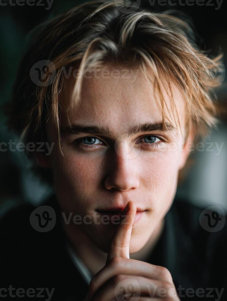 Young man gestures for silence in a candid close-up shot photo