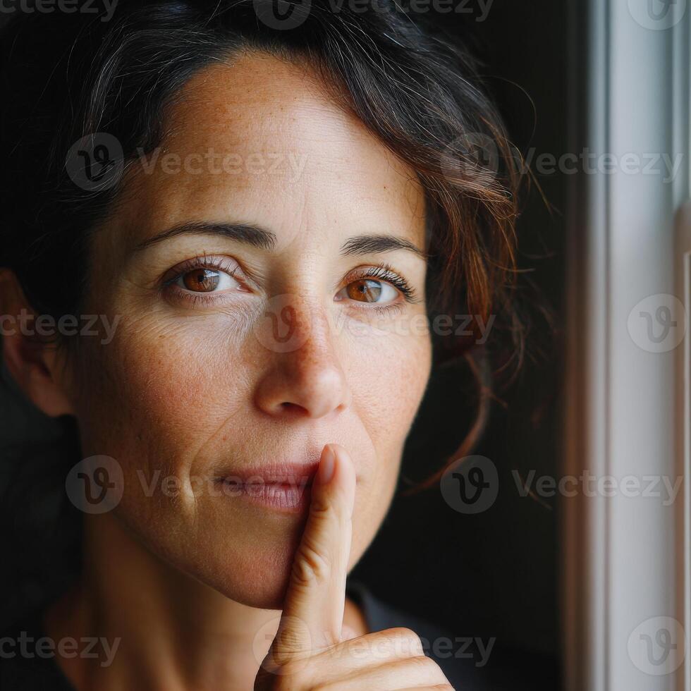 Woman with a thoughtful expression at home during daylight photo