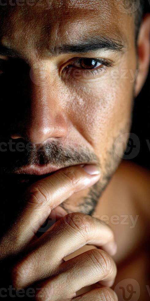 Close-up of a man deep in thought during evening hours photo