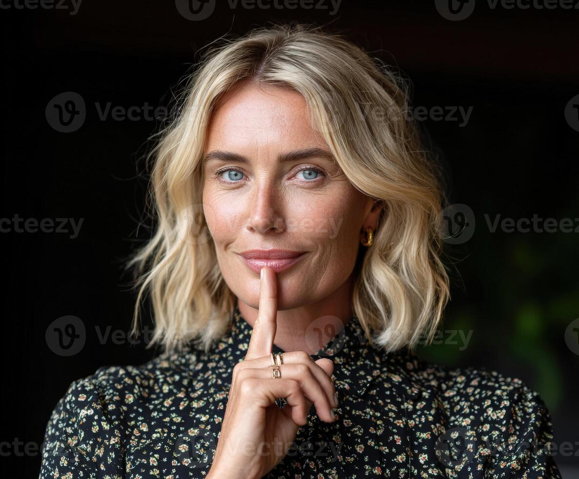 Confident woman making a shushing gesture in a stylish outfit photo