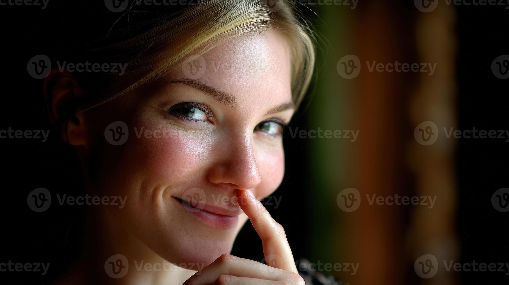 Woman with playful smile holds finger to lips indoors photo