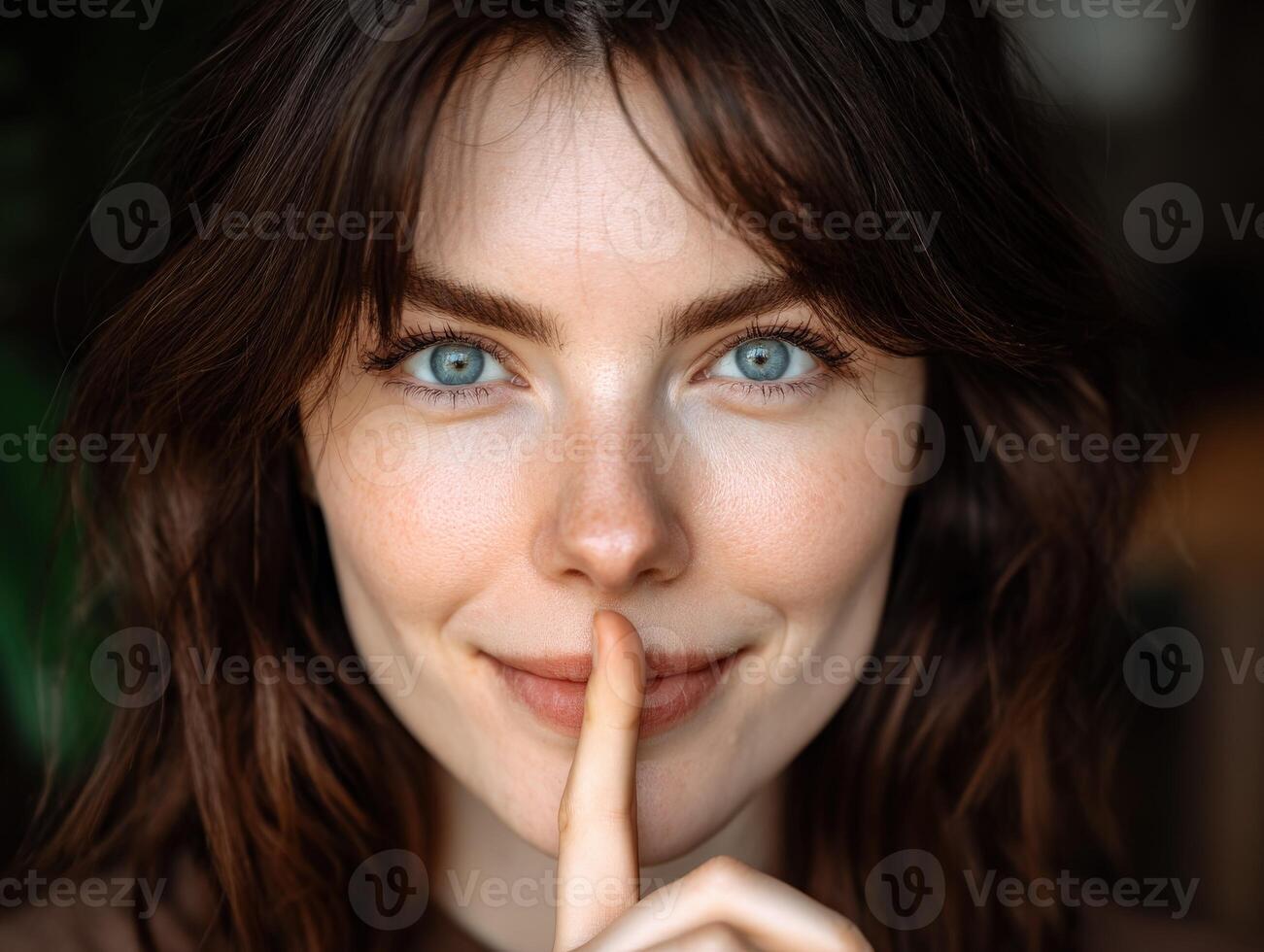 Woman poses playfully with a quiet expression in indoor setting photo