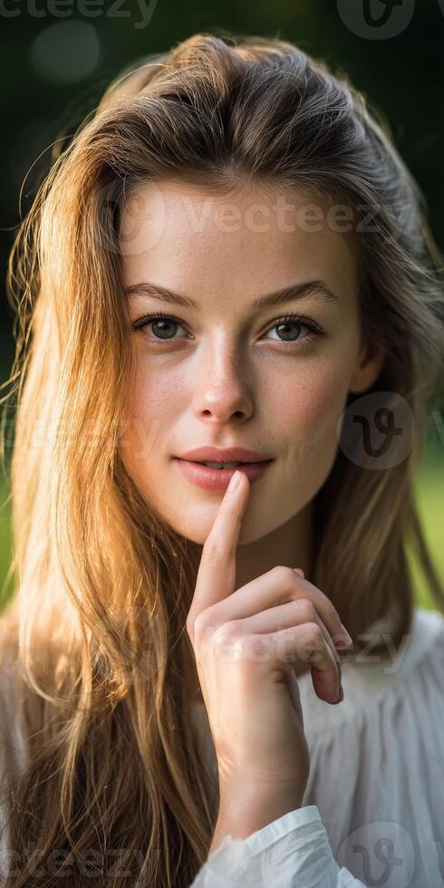 Young woman showing a quiet gesture in natural light outdoors photo
