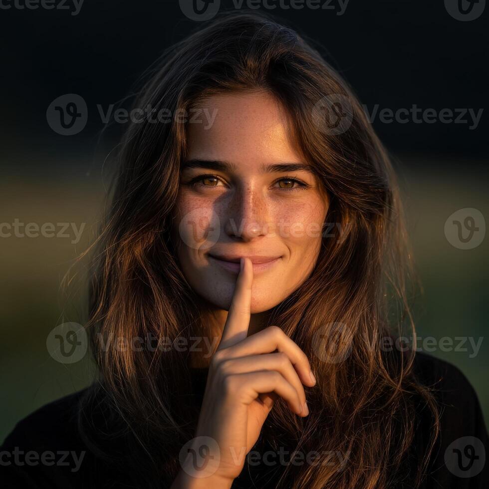 Young woman smiling with a finger on her lips at sunset photo