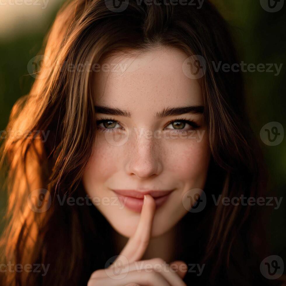 Model posing in a serene outdoor setting with a playful expression photo