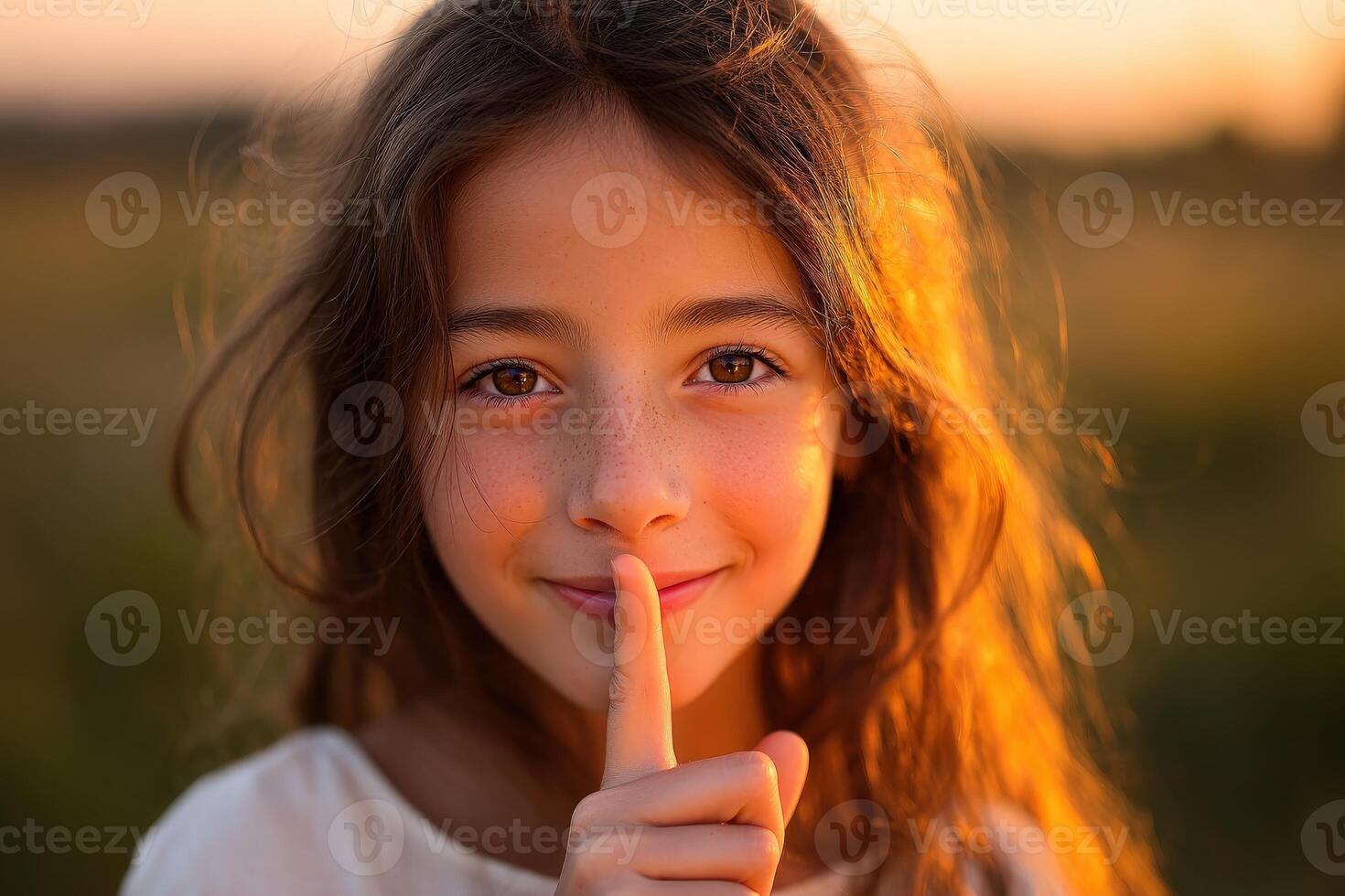 Child smiles and gestures for silence during sunset in a field photo
