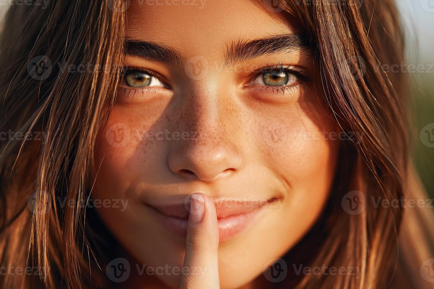 Young girl making a shushing gesture in natural light photo
