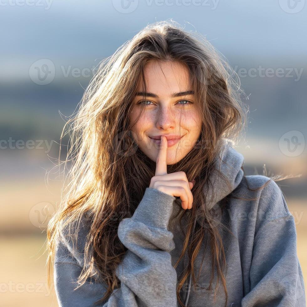 Beautiful young woman silencing with a smile in serene outdoor setting photo