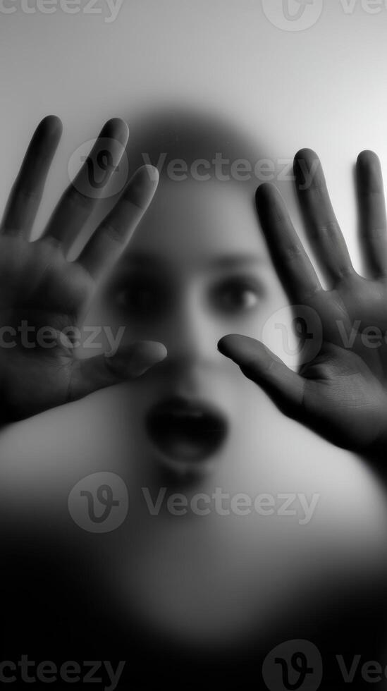 Expression of fear from behind a foggy surface photo