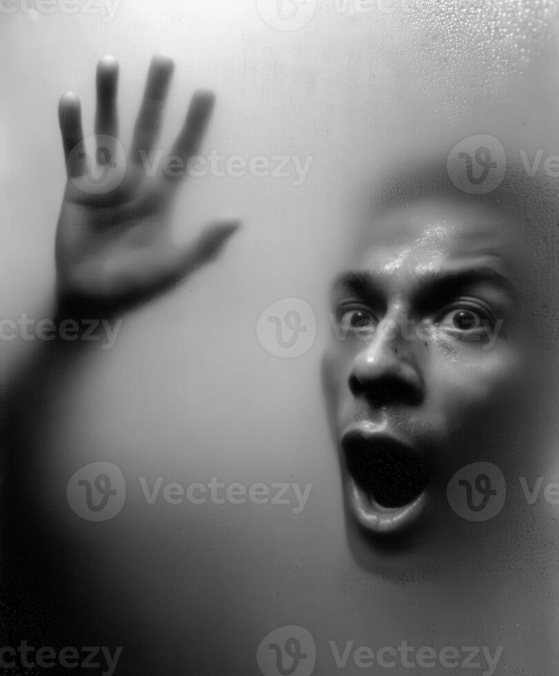 Person behind fogged glass looking surprised and frightened photo