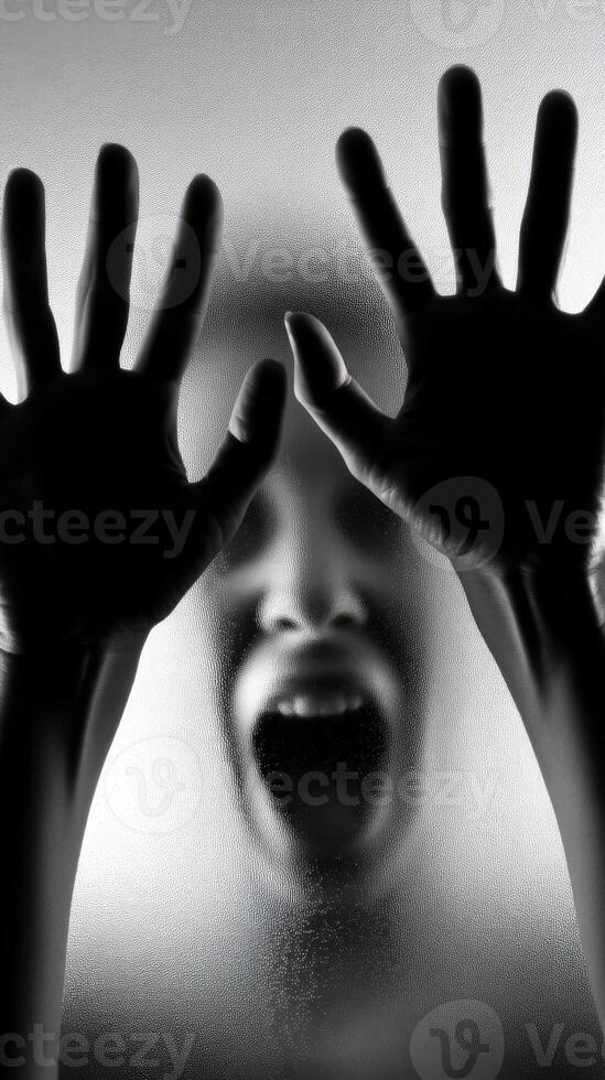 Silhouetted figure appears to scream behind frosted glass photo