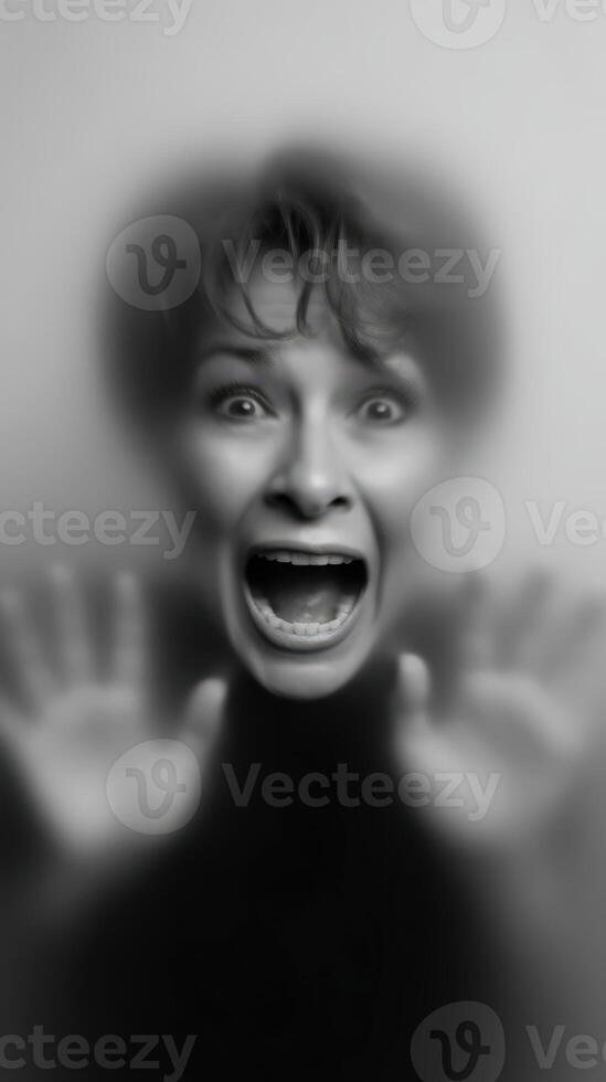 Woman expressing fear with hands against a foggy surface photo