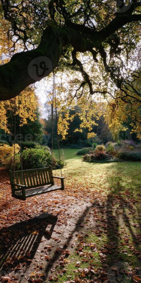 Swing hanging from a tree in a peaceful garden during autumn photo