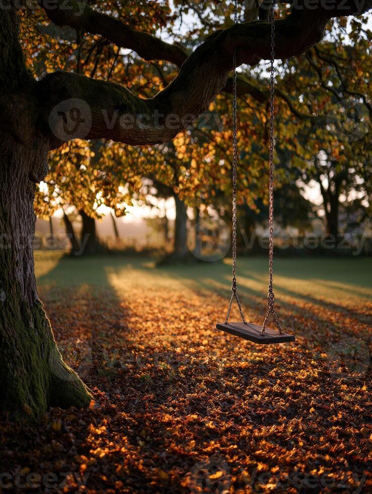 Swing hanging from a tree in a sunny autumn landscape photo