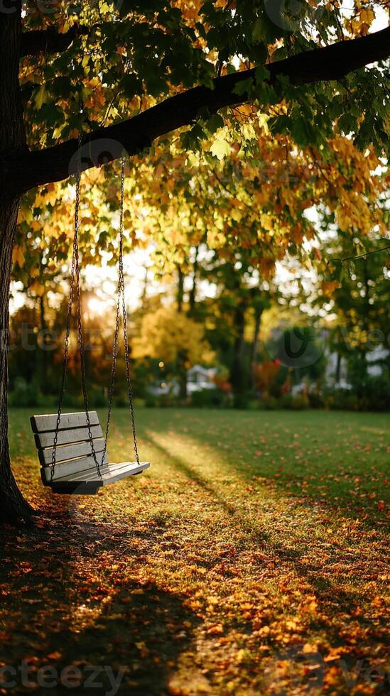 Swing under a tree with autumn leaves at sunset photo