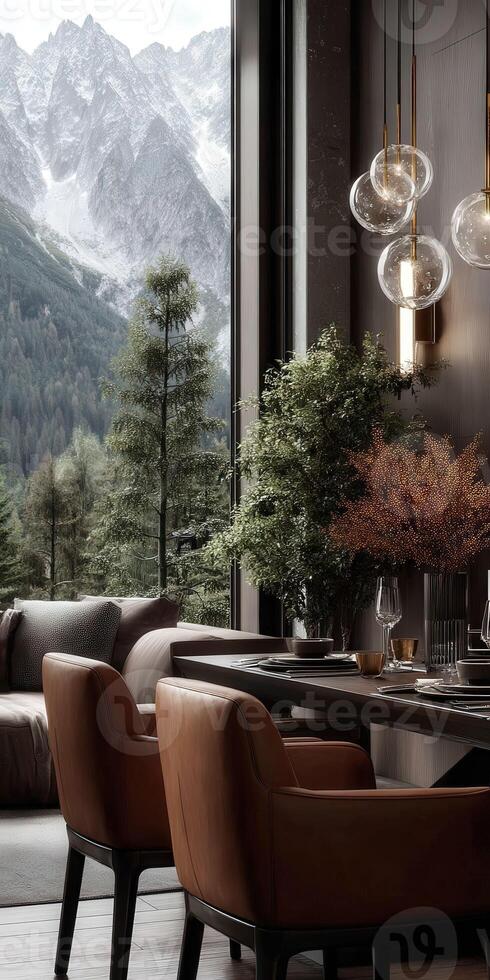 Elegant dining area with mountain view in modern interior design photo