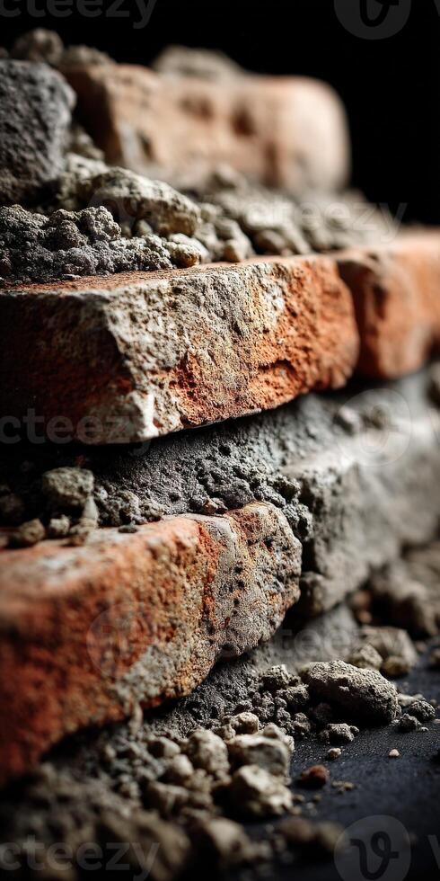 Close-up view of weathered bricks and mortar on construction site photo