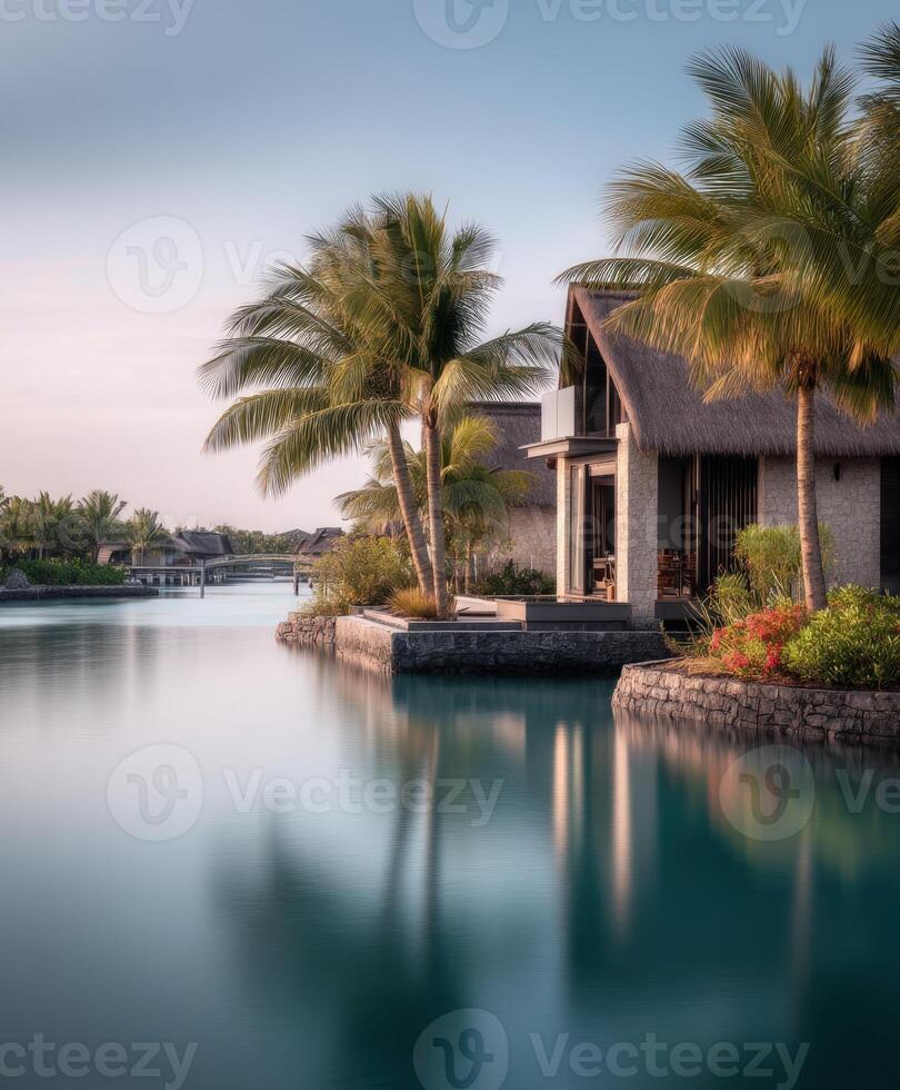 Serene waterfront villa surrounded by palm trees at dusk photo