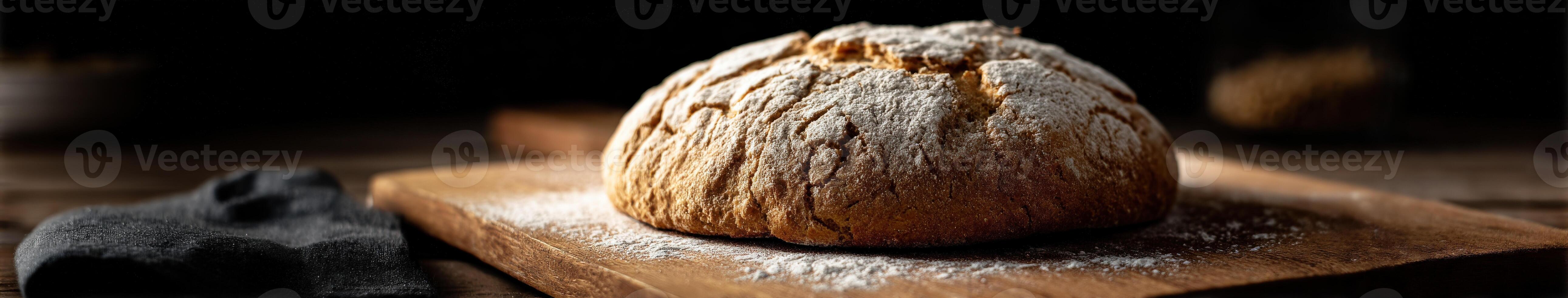 Freshly baked bread on a wooden board in warm light photo