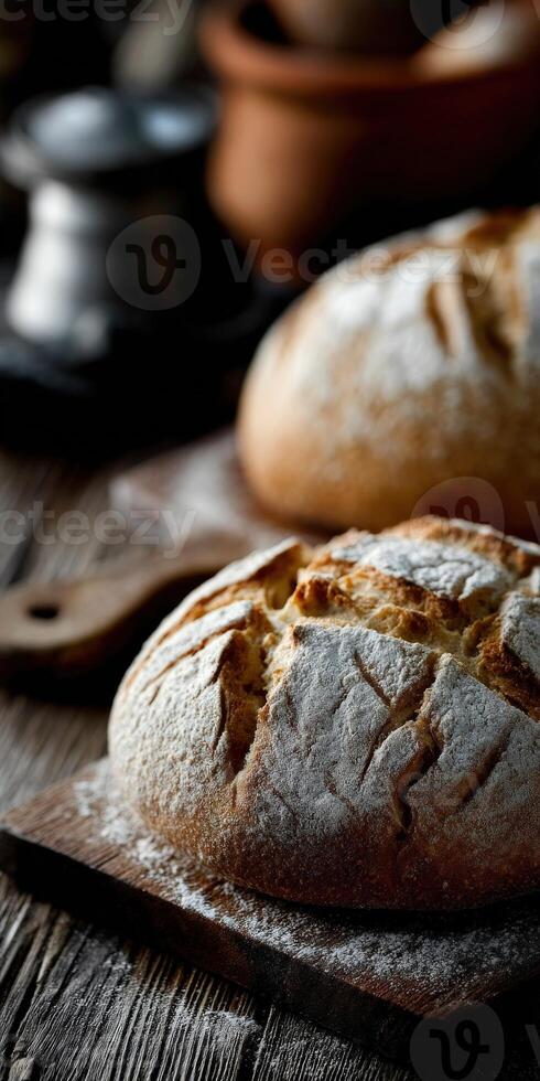 Freshly baked artisan bread on wooden table at cozy bakery photo