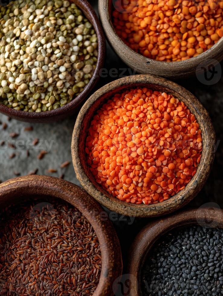Colorful assortment of spices and lentils in rustic bowls photo