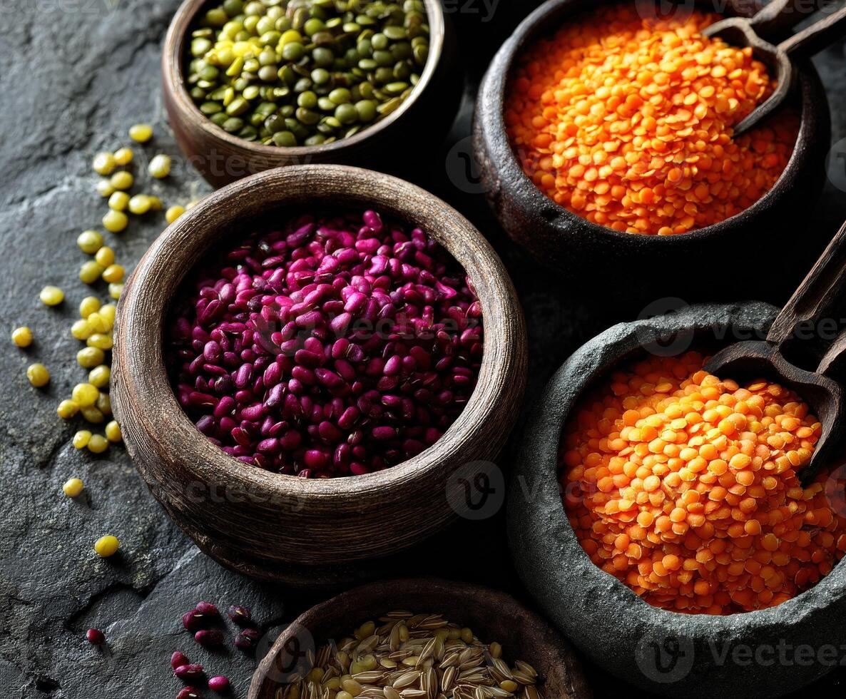 Colorful variety of dried lentils and beans displayed in bowls photo