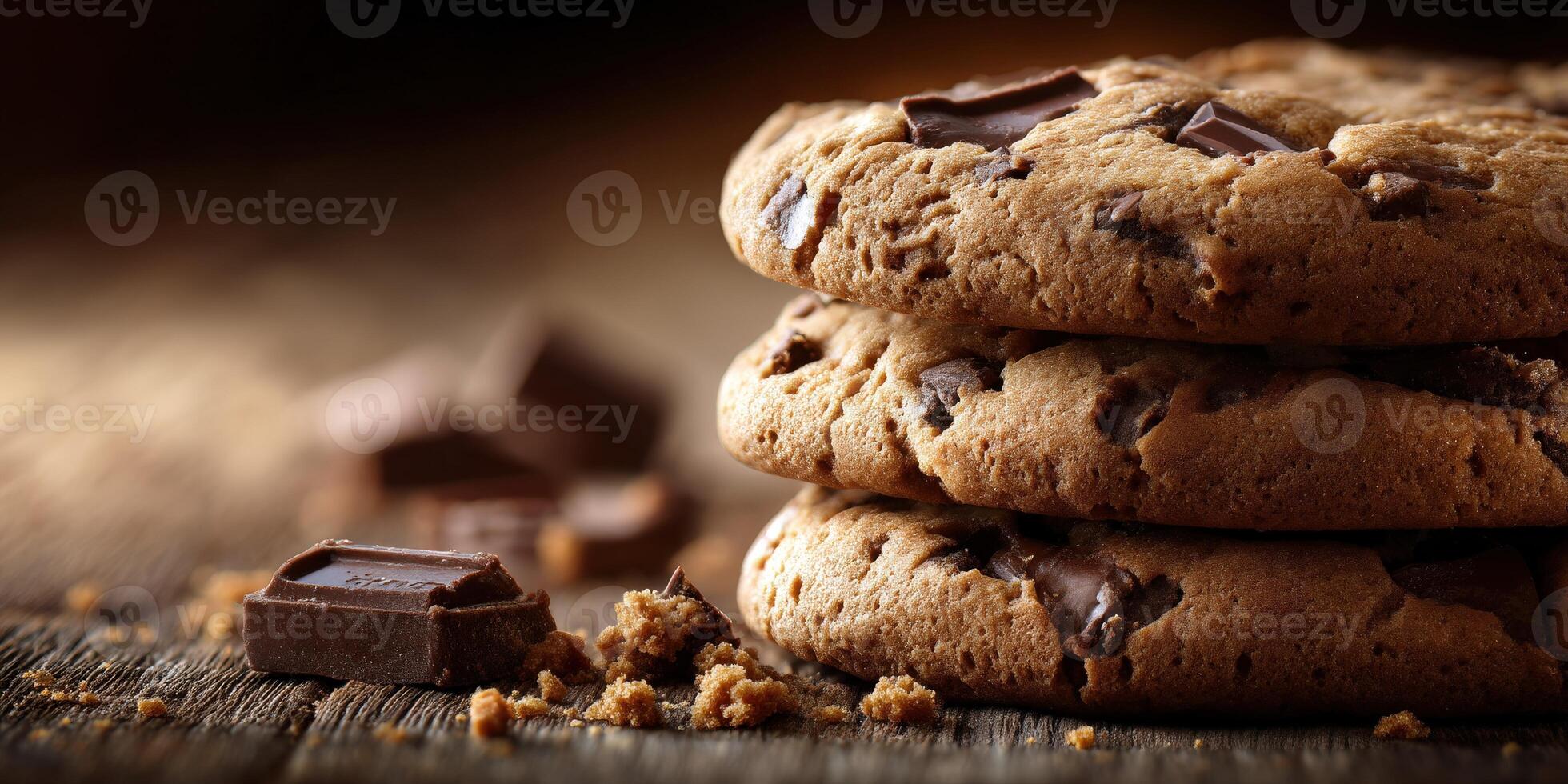 Freshly baked chocolate chip cookies stacked on a rustic wooden table photo