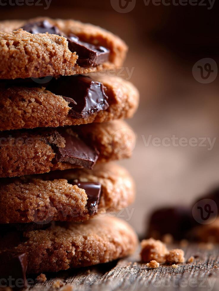 Soft chocolate chip cookies stacked on a rustic wooden surface photo