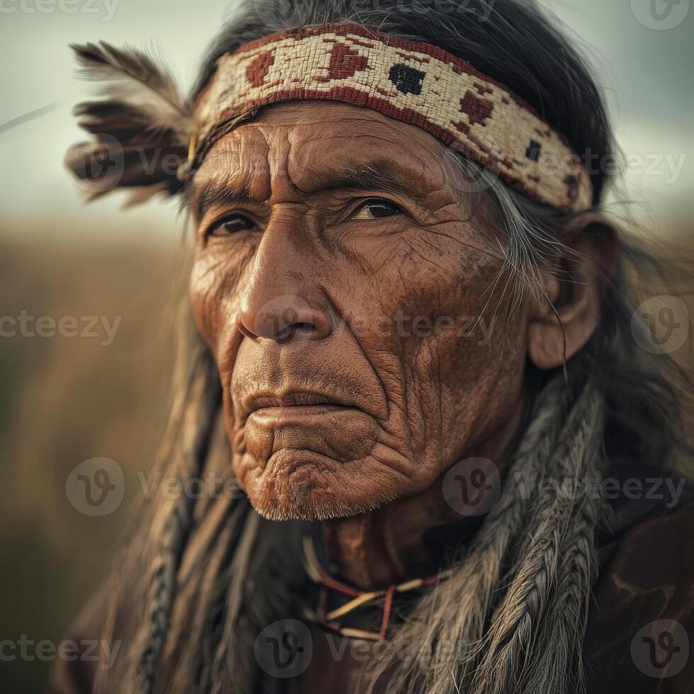 Elderly native man with traditional attire and expressive features in nature photo