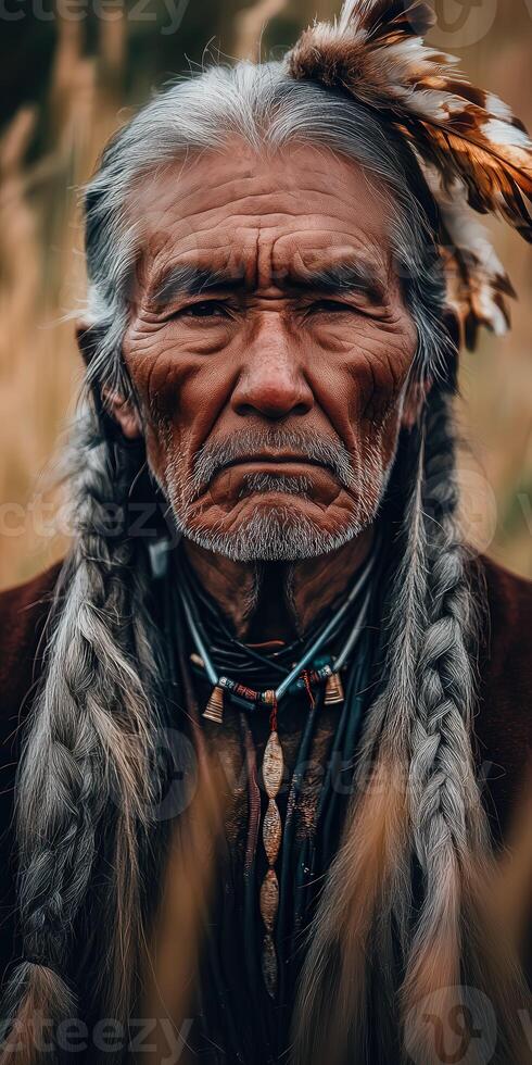 Portrait of a Native American elder with intricate braids and feathers photo