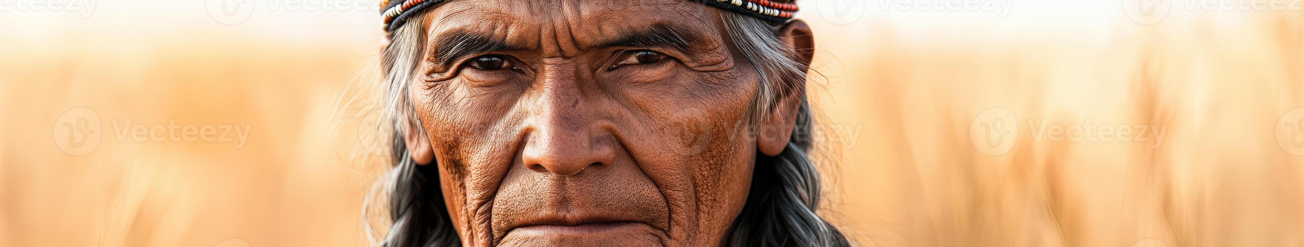 Elderly man in traditional attire with intense gaze in natural setting photo
