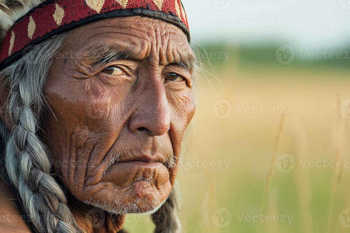 Elderly man in traditional attire looks pensively in a golden field photo
