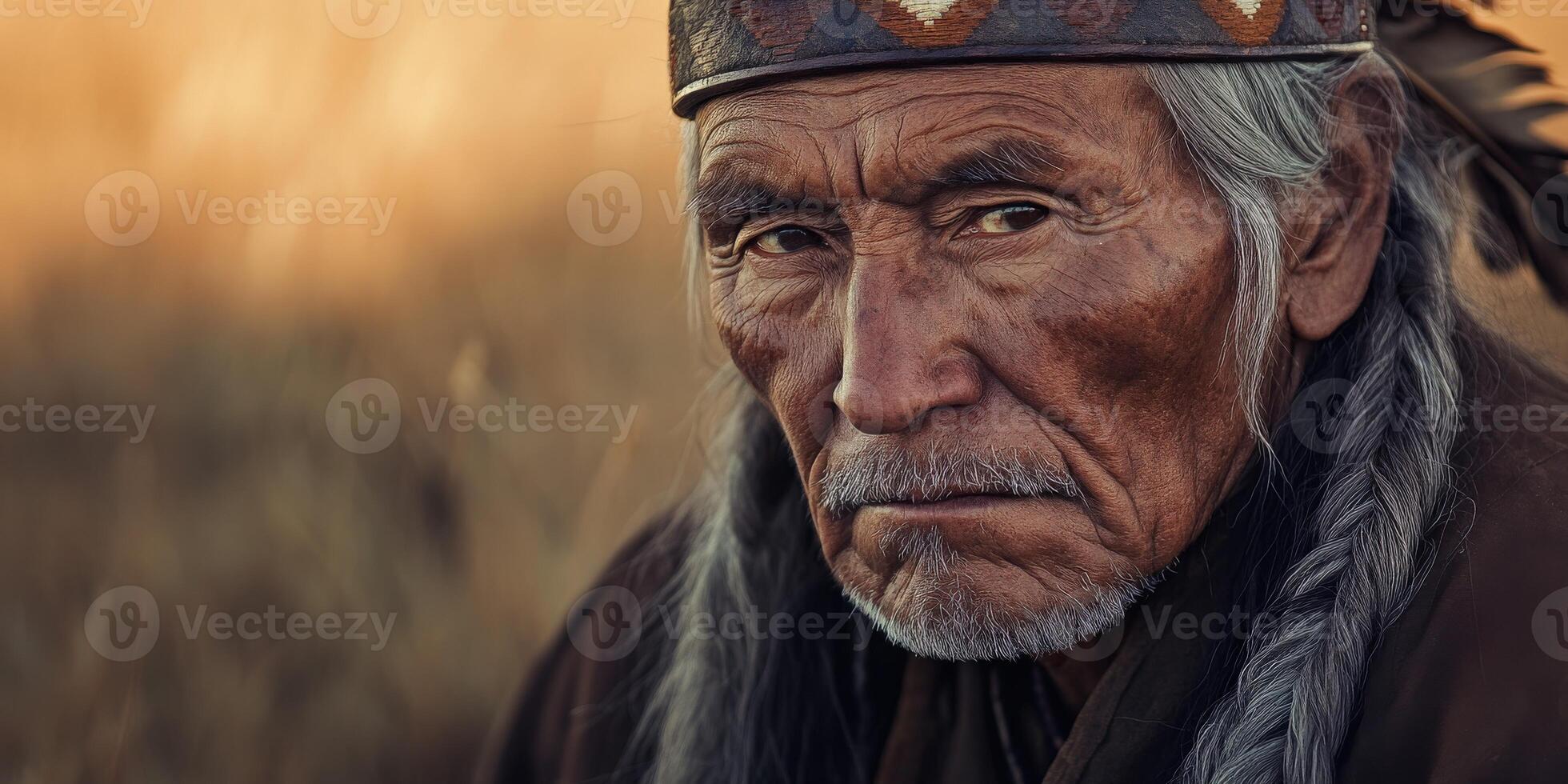 Portrait of an Indigenous elder with deep expression during sunset photo