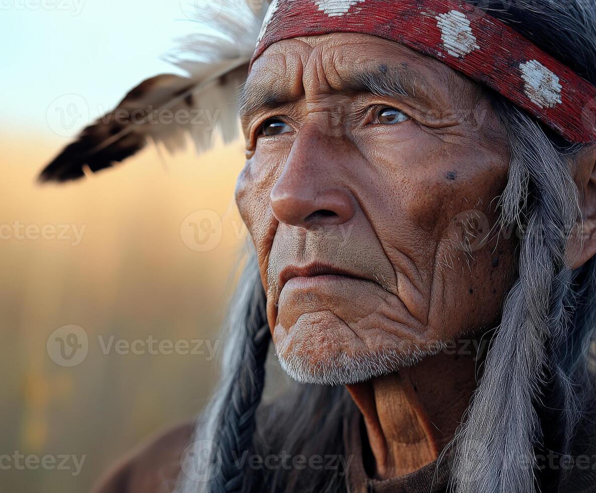 Elderly man in traditional attire with feathers standing outdoors at sunset photo