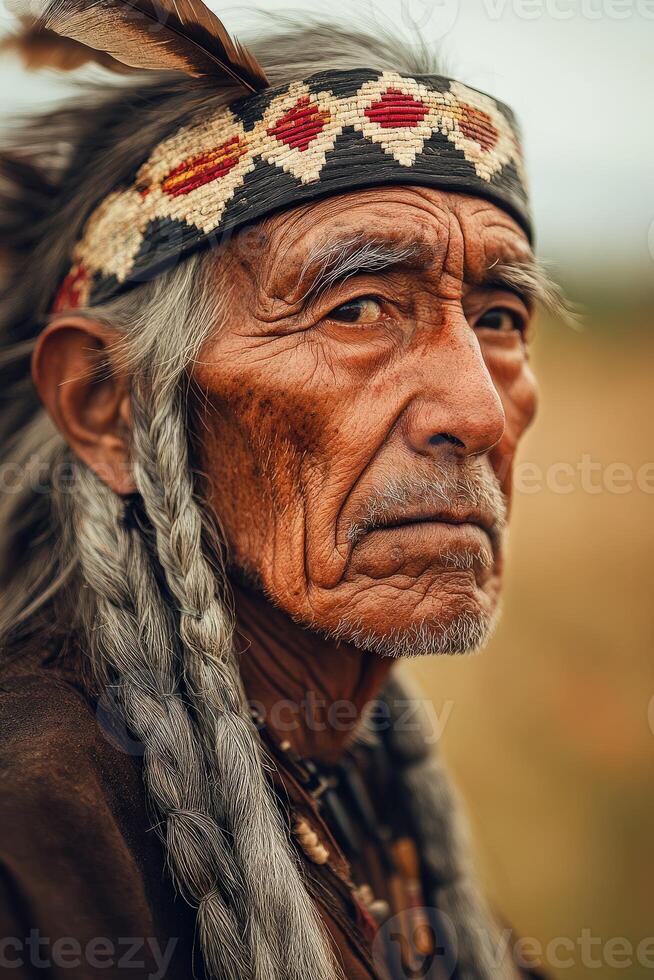 Elderly indigenous man with braids and headband standing in natural setting photo