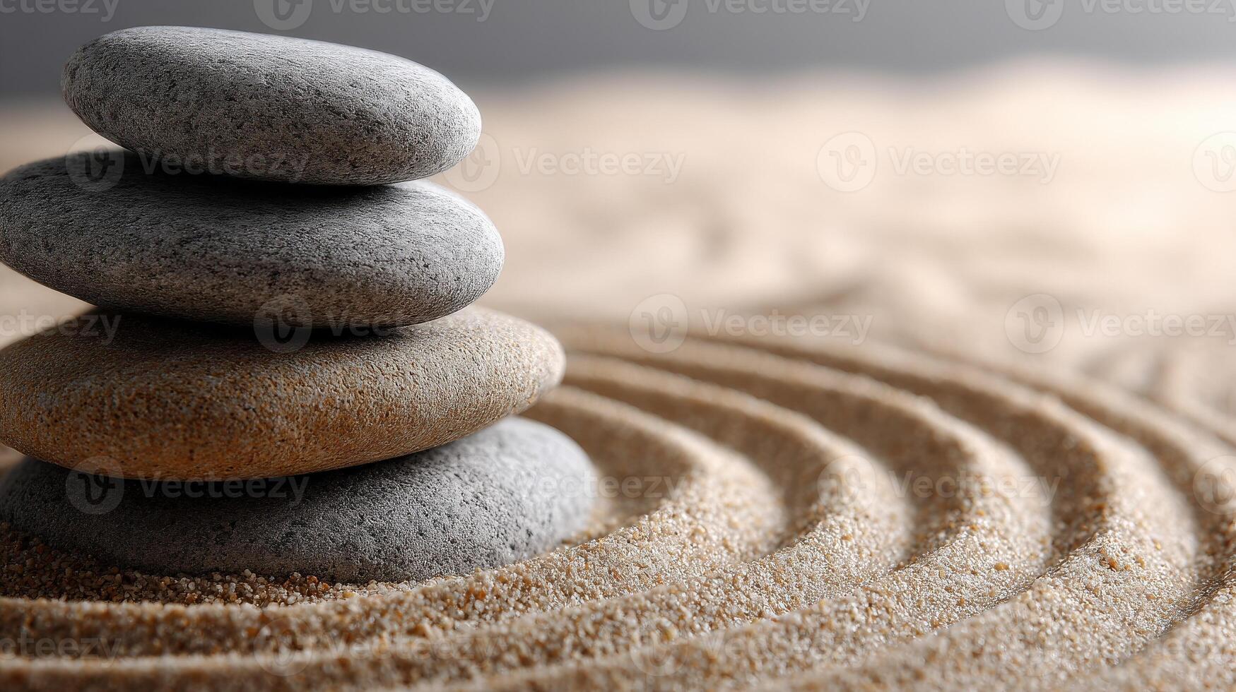 Stacked stones creating tranquility on sandy surface in calming setting photo